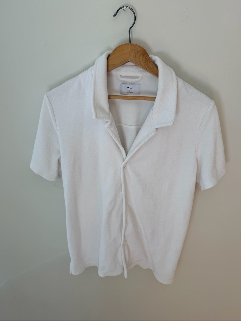 TNA White Short Sleeve terry Button-Front Polo Shirt towel shirt